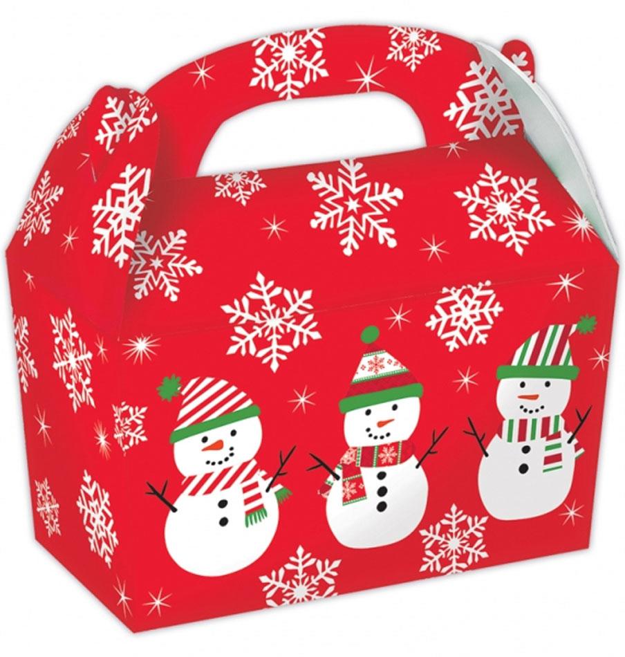 Pack of 5x Christmas Party Boxes in red with Snowflakes and Snowman Design by Amscan 395128 available here at Karnival Costumes online Christmas party shop