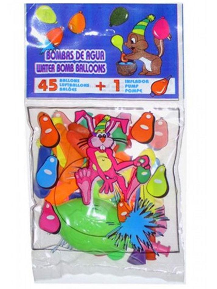 45 Water Balloons in Assorted Colours with Mini-Pump by Globos 117-B available here at Karnival Costumes online party shop