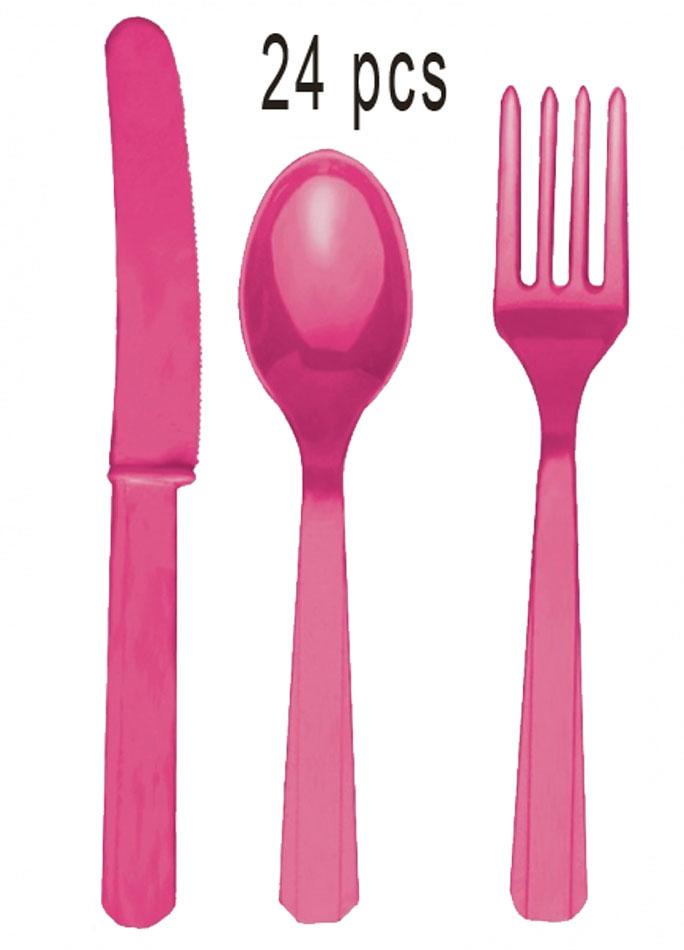 Pack 24pcs Magenta Cutlery Assortment (8ea Knife, Fork and Spoon) by Amscan 4646-61 available here at Karnival Costumes online party shop