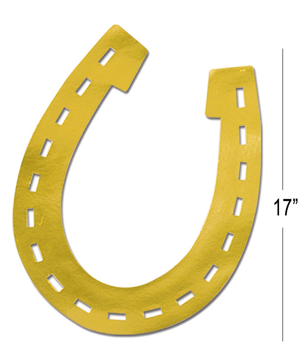 Foil Horseshoe Silhoutte Cutout. 17" gold foil on both sides by Beistle 55971 and available in the UK here at Karnival Costumes online party shop