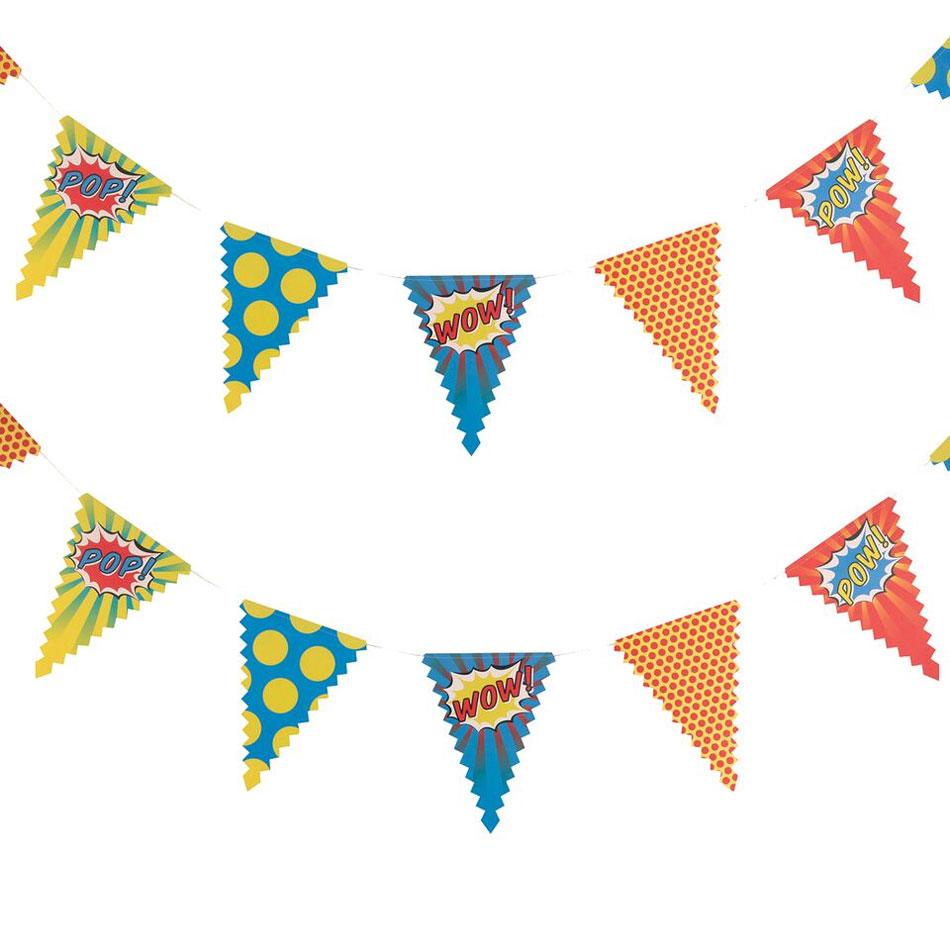 Pop Art Superhero Party Bunting 3.5m in length wityh 14 flags. By Ginger Ray PA-105 it's available here at Karnivl Costumes online party shop