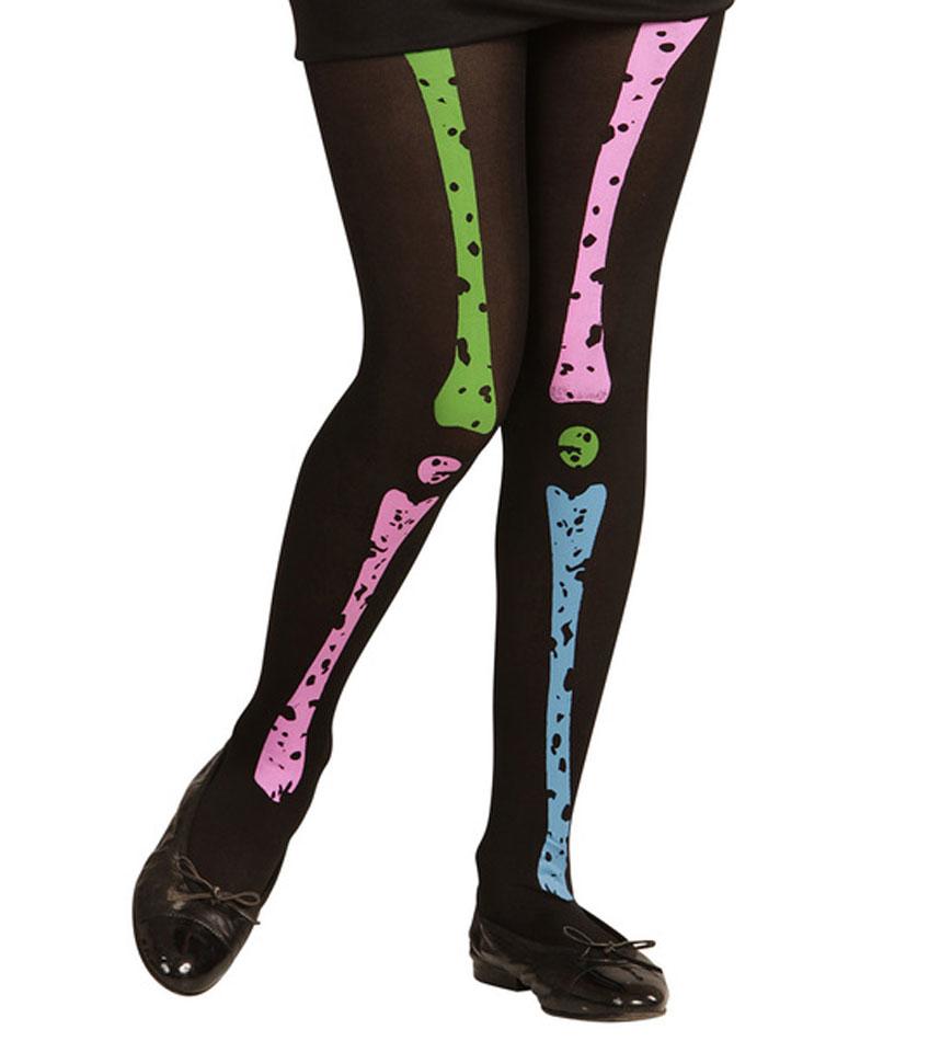 Children's Neon Skeleton Tights or Day of the Dead Tights by Widmann 2999 available from a collection of Childrens Pantyhose here at Karnival Costumes online party shop