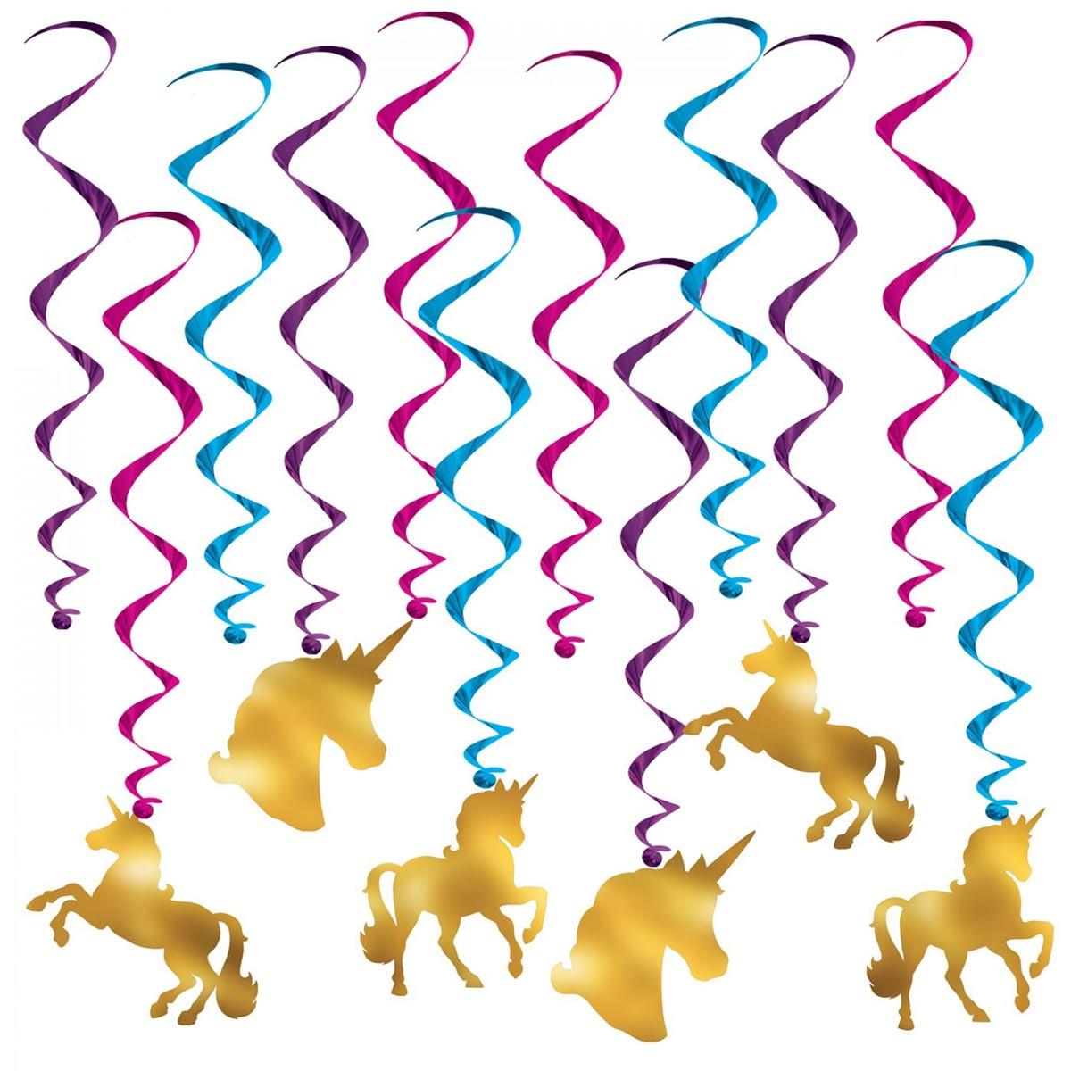 Unicorn Whirl Decorations pk12 - six with unicorns and 6 plain whirls, by Beistle 54971 available here at Karnival Costumes online party shop