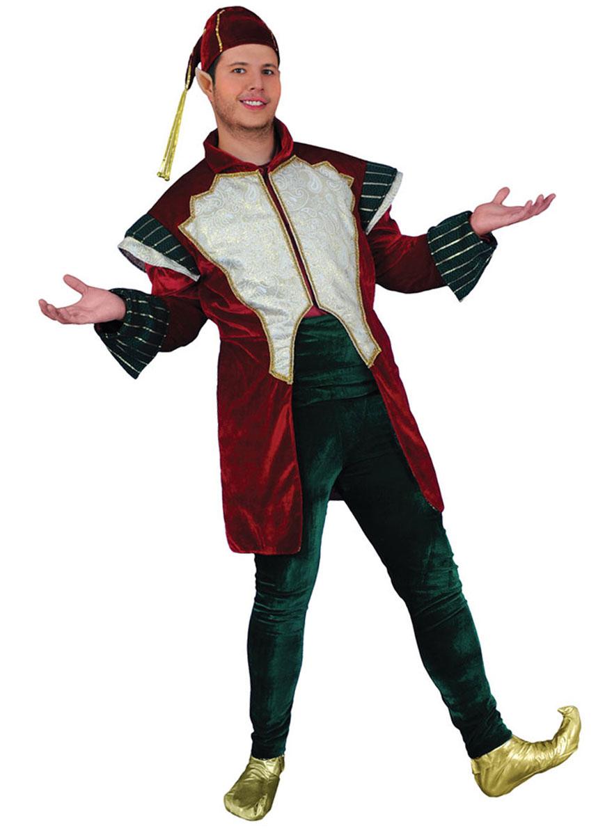 Deluxe adult's Elf Costume in rich green, burndgy, cream and gold fabrics by Stamco 7707 available in the UK here at Karnival Costumes online Christmas party shop