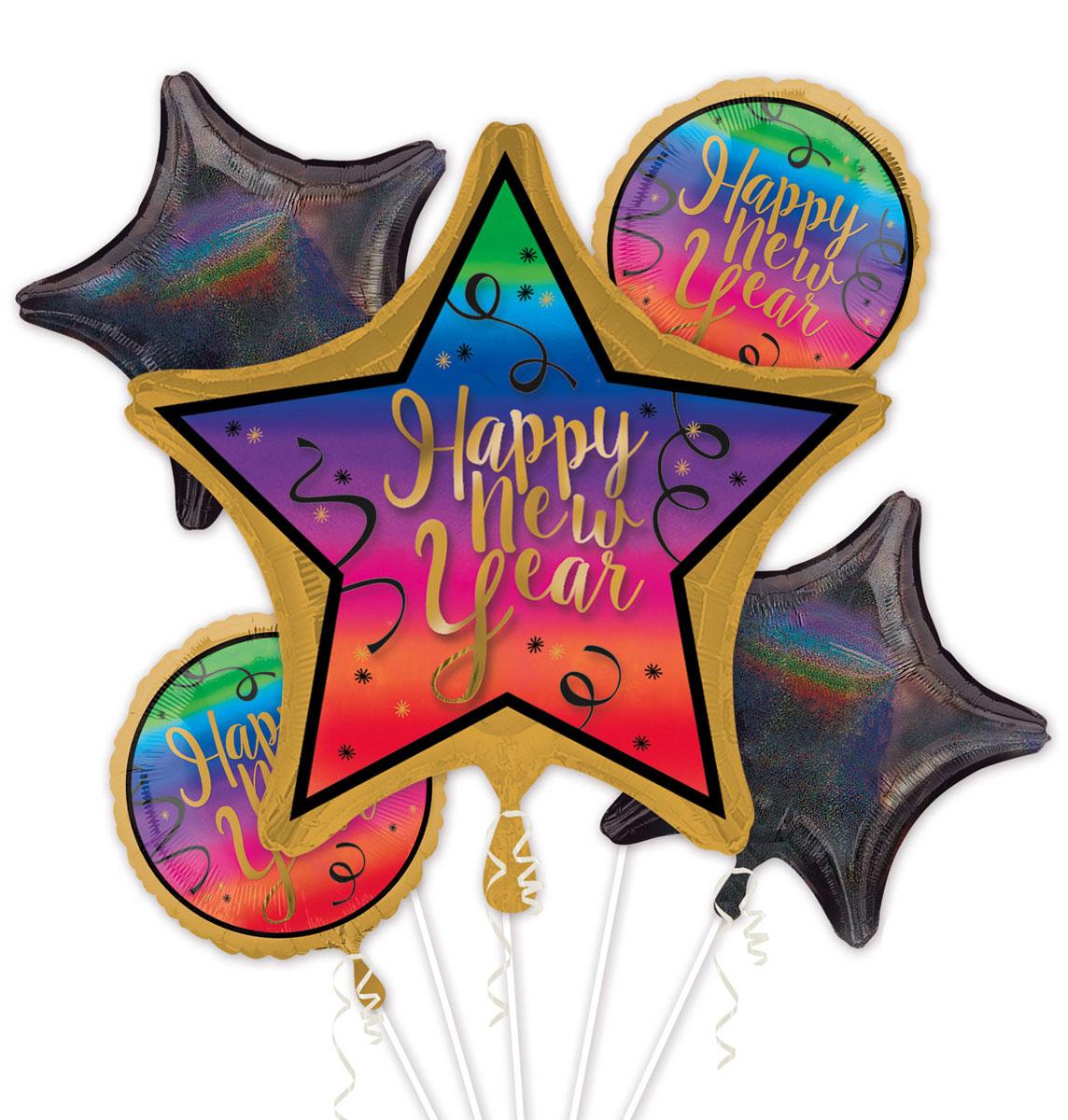 Colourful 5pc New Year Foil Balloon Bouquet by Amscan 3425101 available here at Karnival Costumes online party shop
