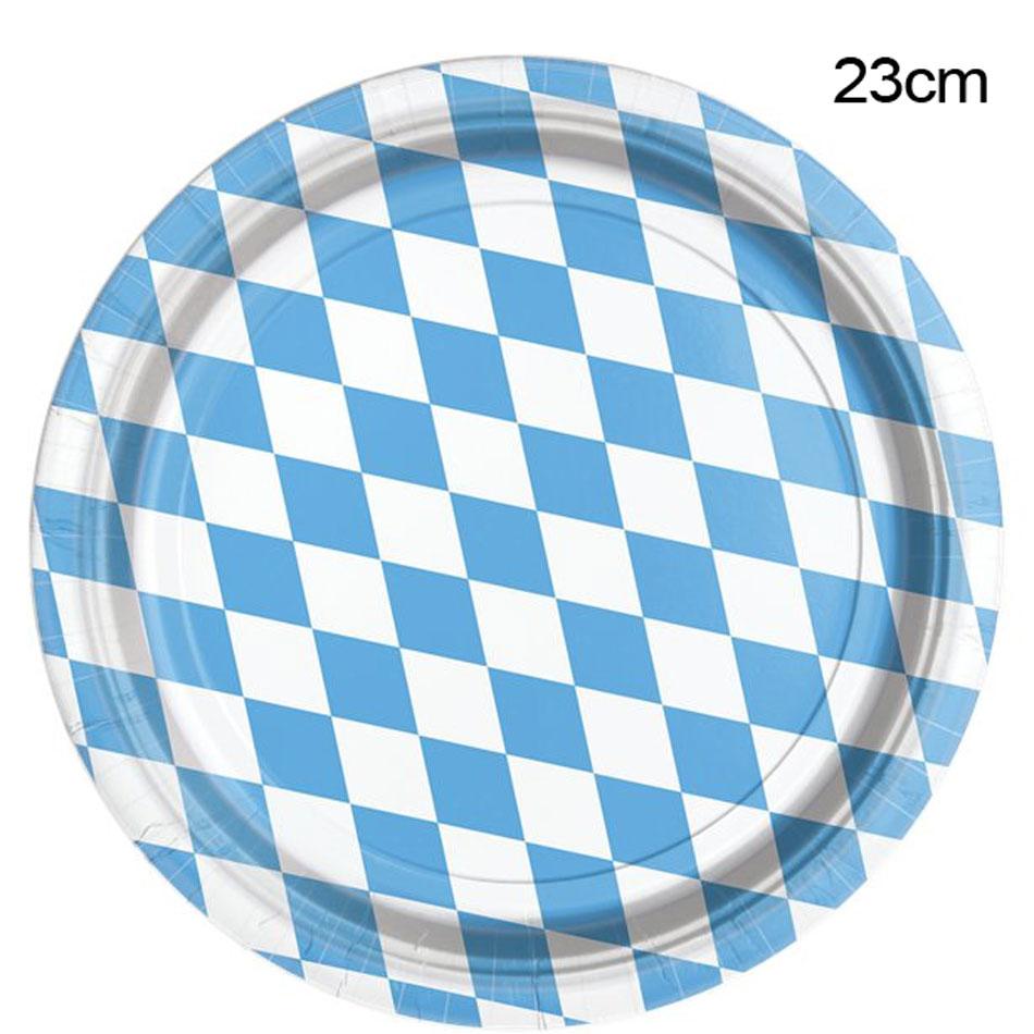 Oktoberfest 23cm paper plates in blue and white check by Amscan 9904816 available here at Karnival Costumes online party shop