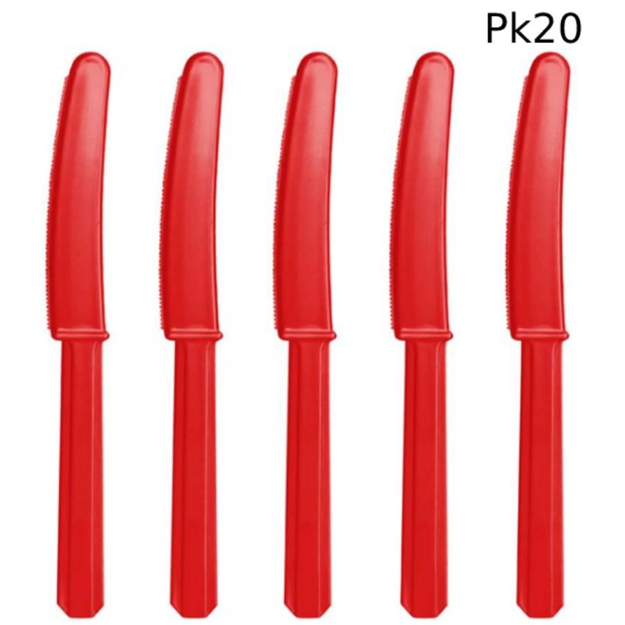 Reusable bright red plastic knives by Unique 4548.4 available here at Karnival Costumes online party shop