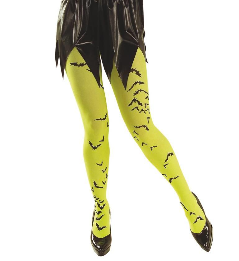 Neon Lime green coloured tights with black bats by Widmann 4788N available here at Karnival Costumes online Halloween party shop