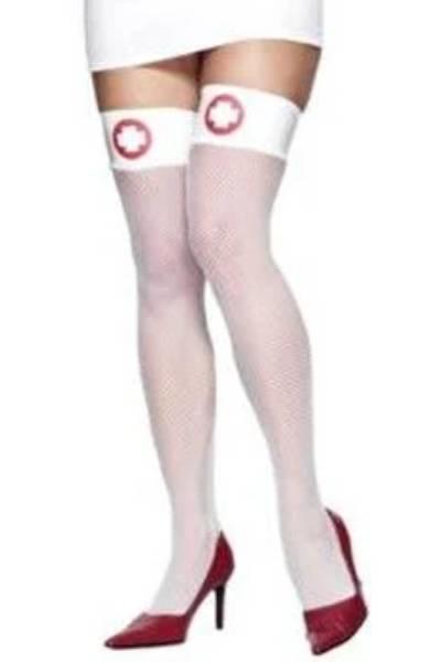 Fever Collection White Fishnet Stockings with Hospital Red Cross by Smiffys 26935 available here at Karnival Costumes online party shop