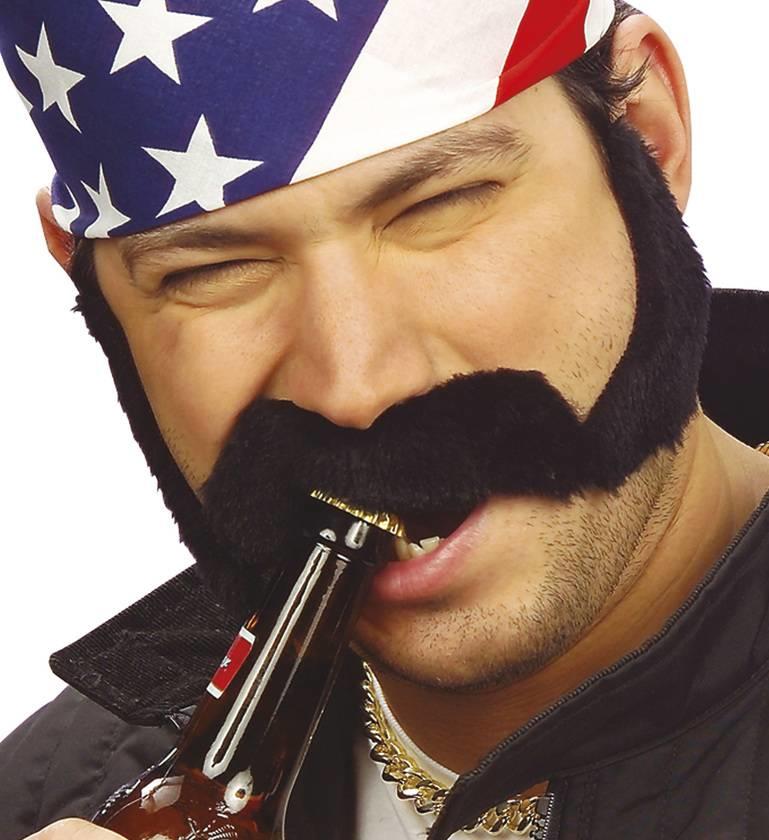 Biker dude self-adhesive moustache and sideburns by Widmann 2607B available here at Karnival Costumes online party shop