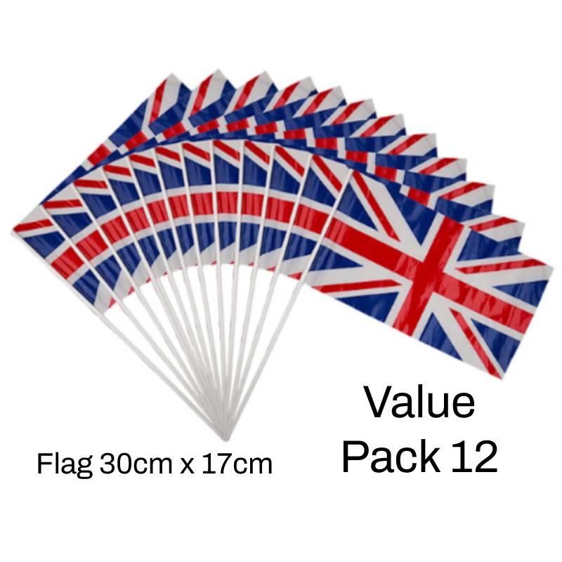 Value pack of 12 Union Jack Hand Waving Flags each 30cm x 17cm by Wicked Costumes AC-9439 available here at Karnival Costumes online party shop