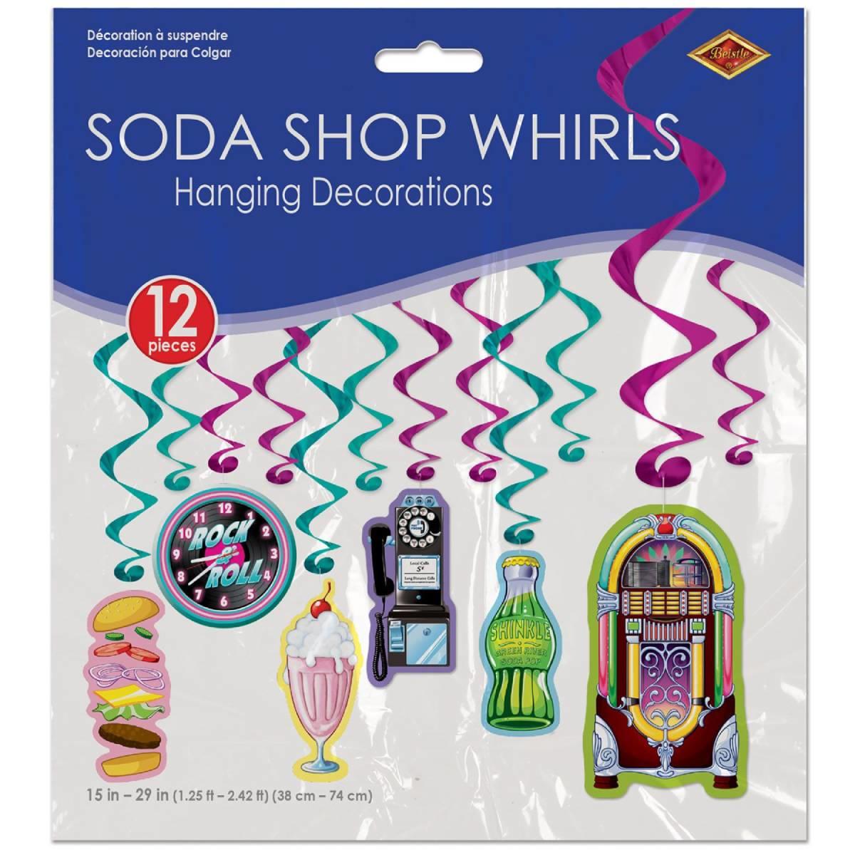 Packaging for our Soda Parlour Hanging Whirls Decoration Pack 12pc by Beistle 53471 available here at Karnival Costumes online party shop