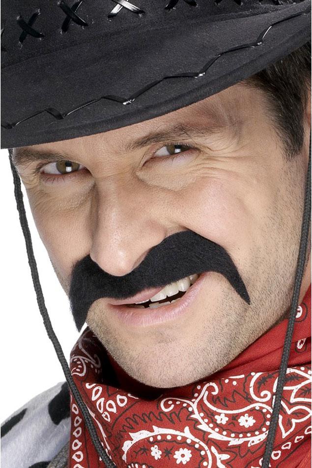 Yeehah! Cowboy Moustache in black with self-adhesive backing by Smiffy 11928 and available from a huge collection of false moustaches at Karnival Costumes online party shop
