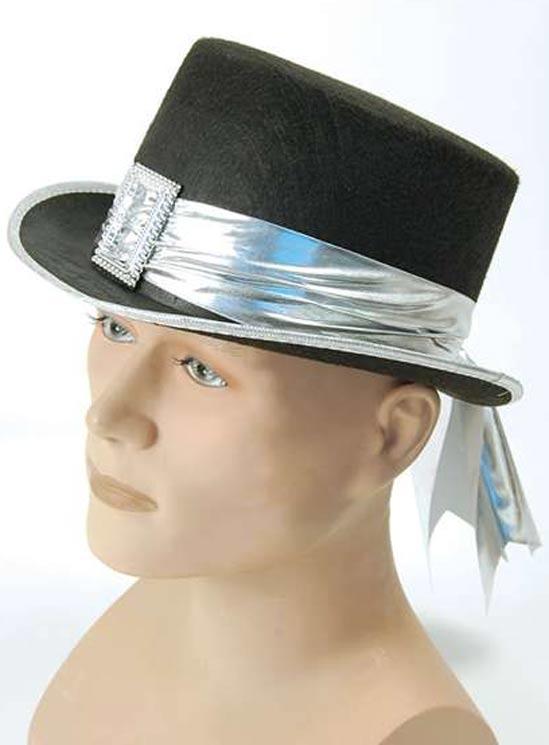 Black Felt Top Hat with Silver Band and Ornate Buckle