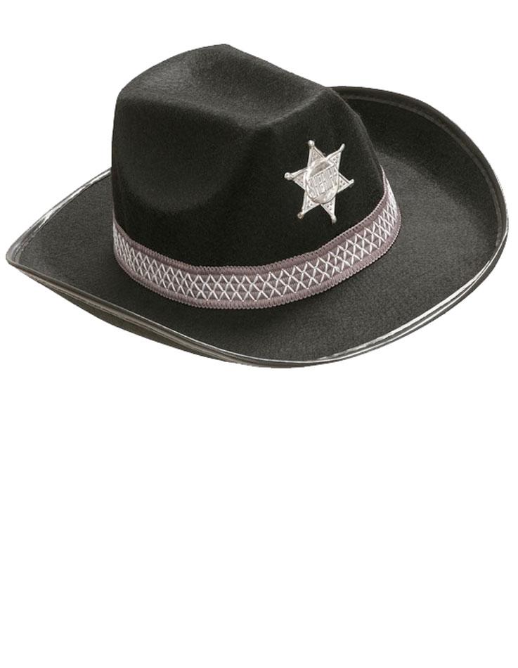 Black Cowboy Hat with Sheriff Badge by Widmann 2490N and available from a wide range of cowboy hats to be found at Karnival Costumes online party shop