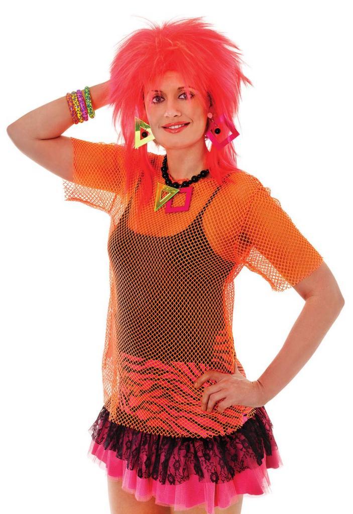 Neon Orange Fishnet Shirt Adult Fancy Dress Costume for Punk and Eighties outfits from Karnival Costumes