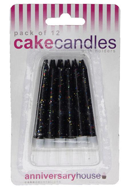 12 Sophisticated Black Gliter Birthday Candles and Holders by Anniversary House AHC151 from Karnival Costumes