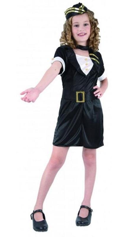 Girls Stewardess Costume in Black with dress, belt, scarf and hat 51300 available from Karnival Costumes
