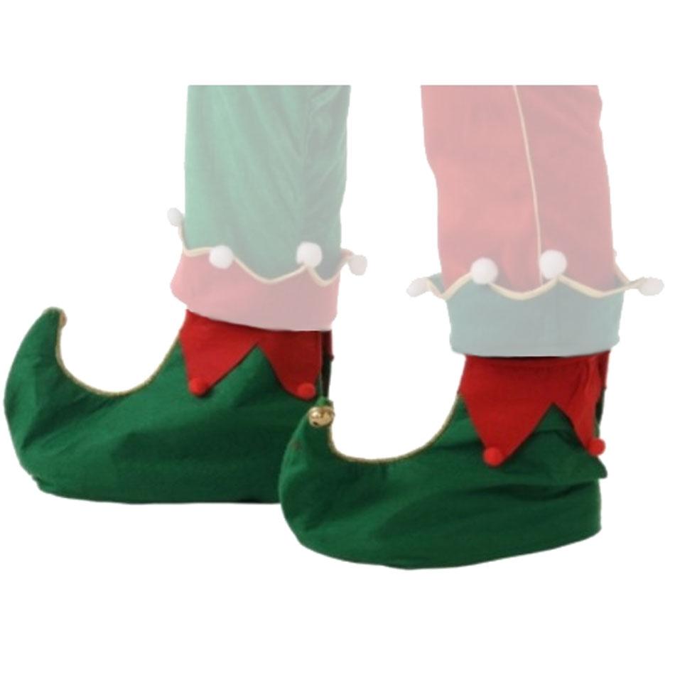 Christmas Elf Shoe Covers in green and red felt with gold braid and brass bell trim. Item C6089 and available from Karnival Costmes