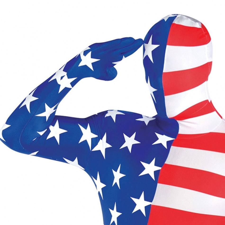 Close up deatil of our America Flag Bodysuit showing the hood. By Amscan and available from Karnival Costumes