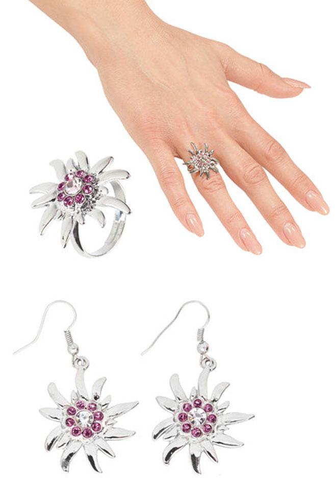 Edelweiss Earrings and Ring with Clear and Pink Strass Crystals by Widmann 03517 available from Karnival Costumes online party shop