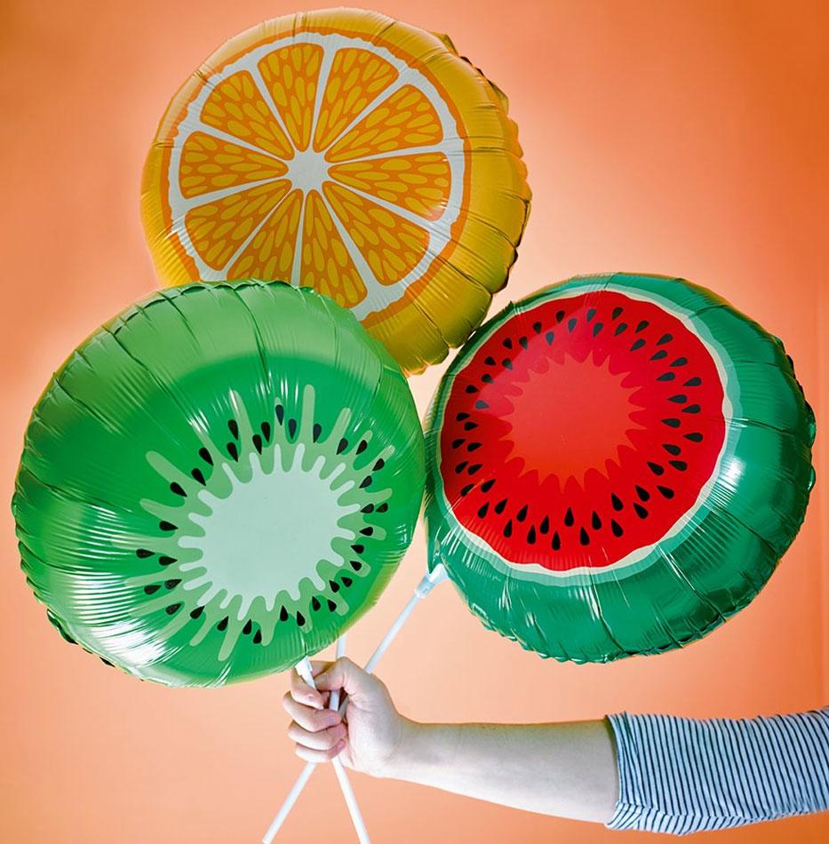 Pack of three All Sorts Fruit Foil Balloons by Talking Tables ALL-FRUITBALL available here at Karnival Costumes online party shop