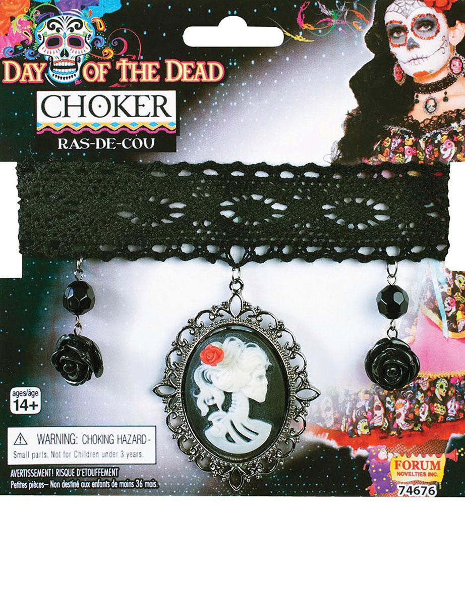 Day of the Dead Choker with central medaiion and black rose pendants by Forum Novelties 74676 available here at Karnival Costumes online Halloween shop