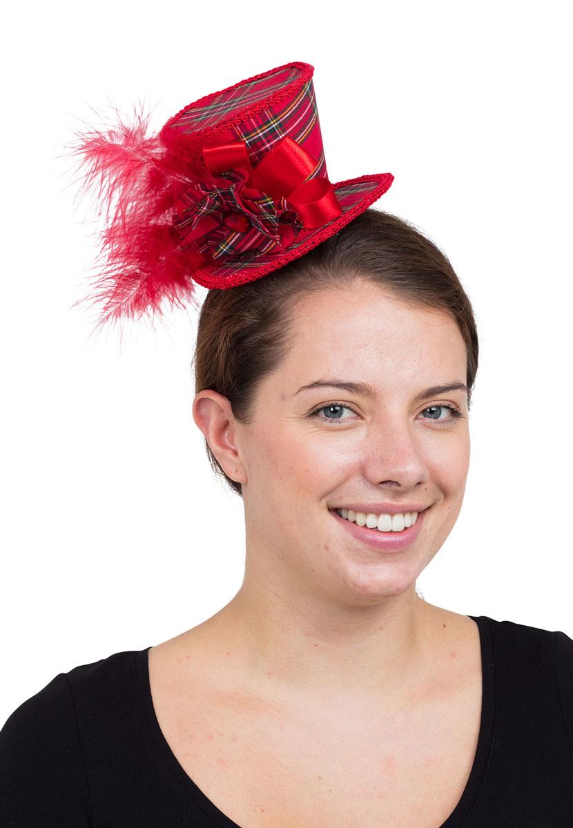 Tartan Mini Top Hat with Feathers and Bow BH675 available from a huge selectionof clip-on top hats here at Karnival Costumes online party shop