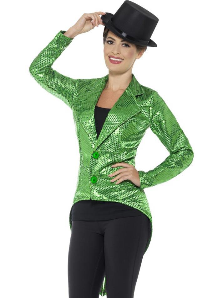 Green Sequin Tailcoat Showtime Costume for Women by Smiffy 43132 available here at Karnival Costumes online party shop
