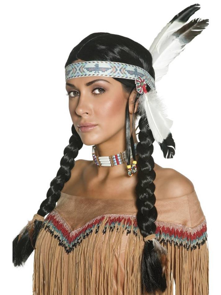 unisex Native American Wig with Feather Headband ref: 42042 available here at Karnival Costumes online Wild West party shop