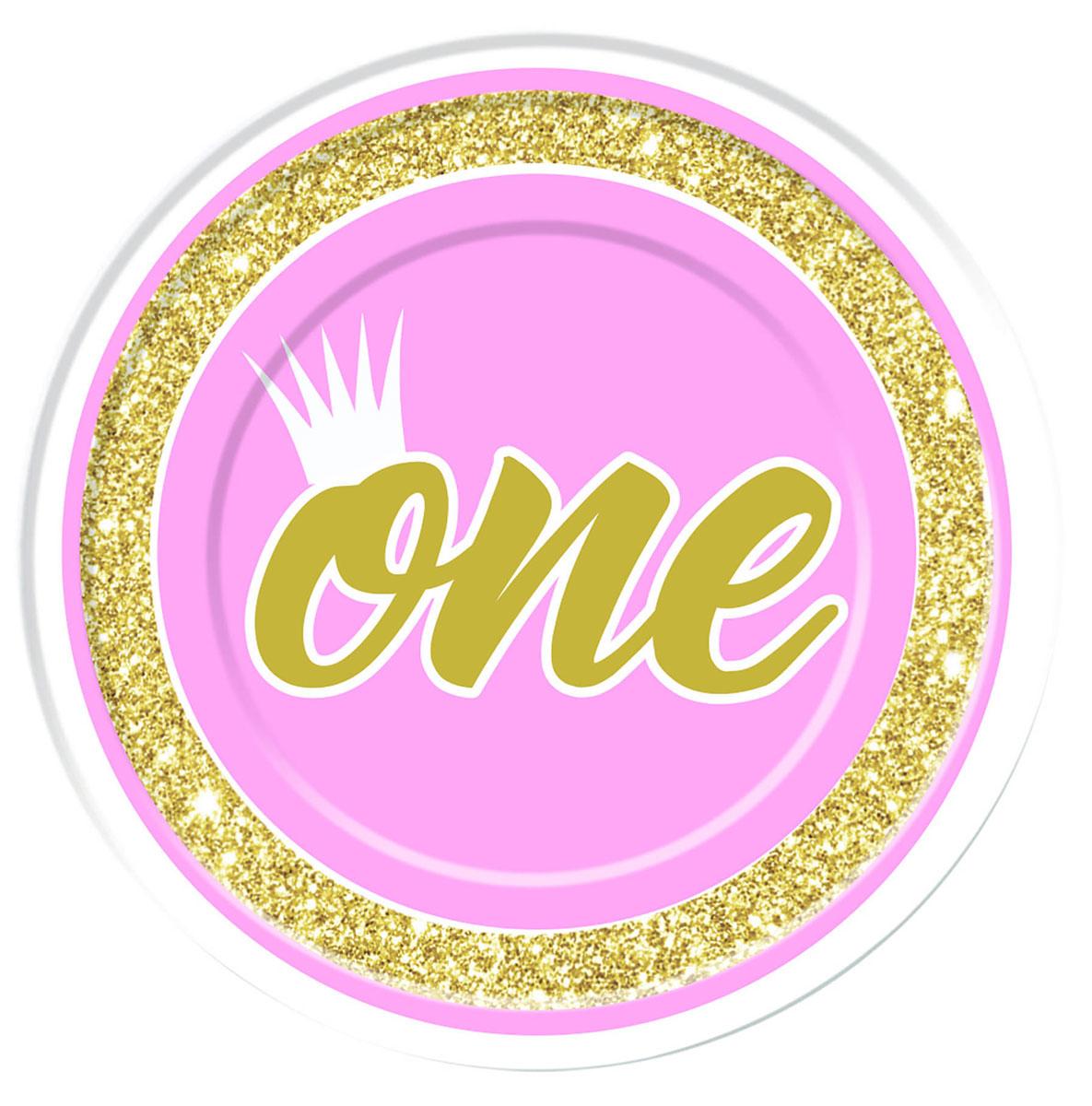 Baby's 1st Birthday 22cm (9") paper plates in pink with gold sparkle, by Forum Novelties 79813 available here at Karnival Costumes online party shop