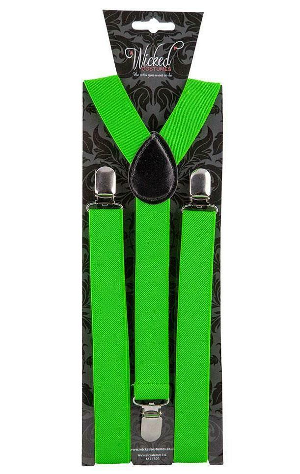 A pair of unisex Neon Green Braces with metal clasps and adjusters by Wicked AC-9355 and available from Karnival Costumes
