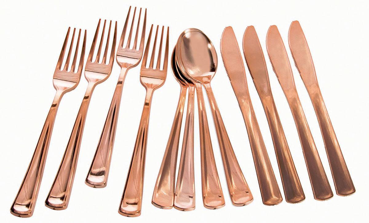 Rose Gold Cutlery Assortment  pk12 pieces, 4ea knives, forks and spoons by Forum Novelties 81872 available here at Karnival Costumes online party shop