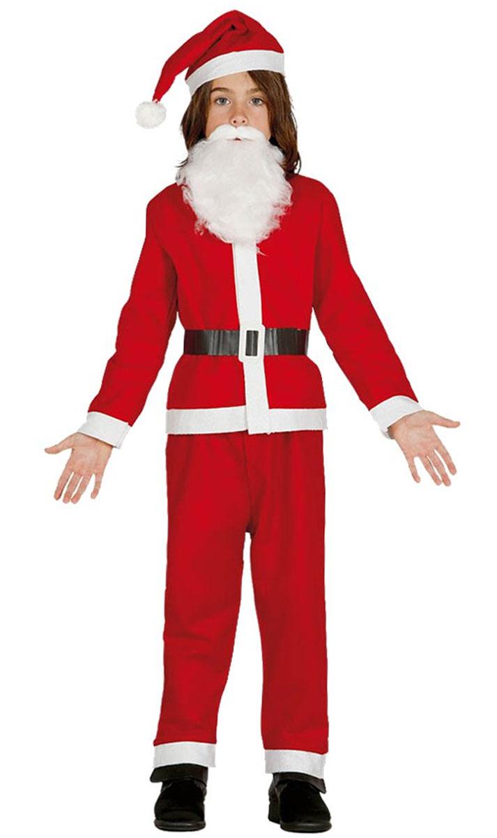 Value santa costume set for children by Guirca 41745 (jacket, trousers, belt, beard and hat) available here at Karnival Costumes online Christmas party shop