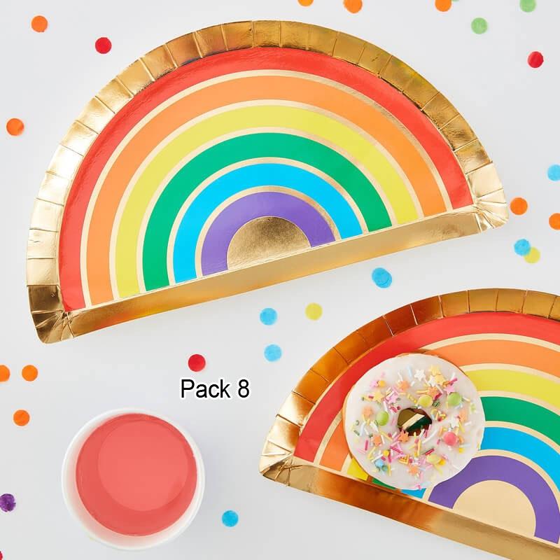 Pk8 Rainbow and Gold Foiled Paper Party Plates by Ginger Ray RA-938 available here at Karnival Costumes online party shop