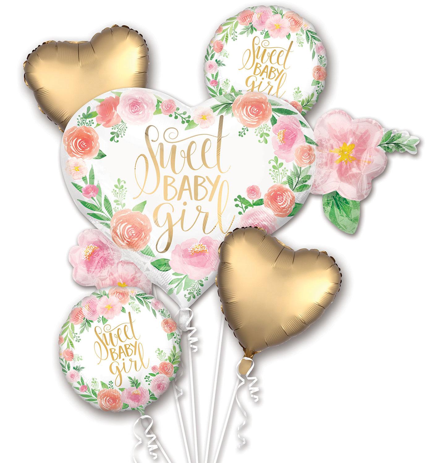 Floral Baby Satin 5pc Foil Balloon Bouquet by Amscan 3851601 available here at Karnival Costumes online party shop