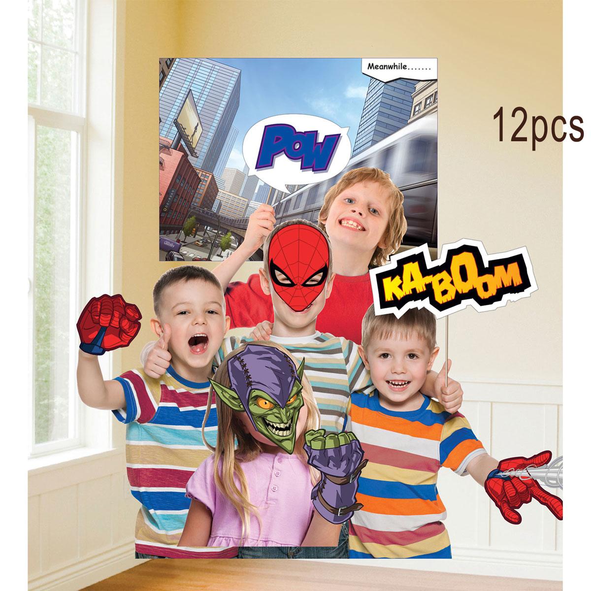 Spider-Man Photo Booth Props 12pc incl city backdrop by Amscan 9902788 available here at Karnival Costumes online party shop