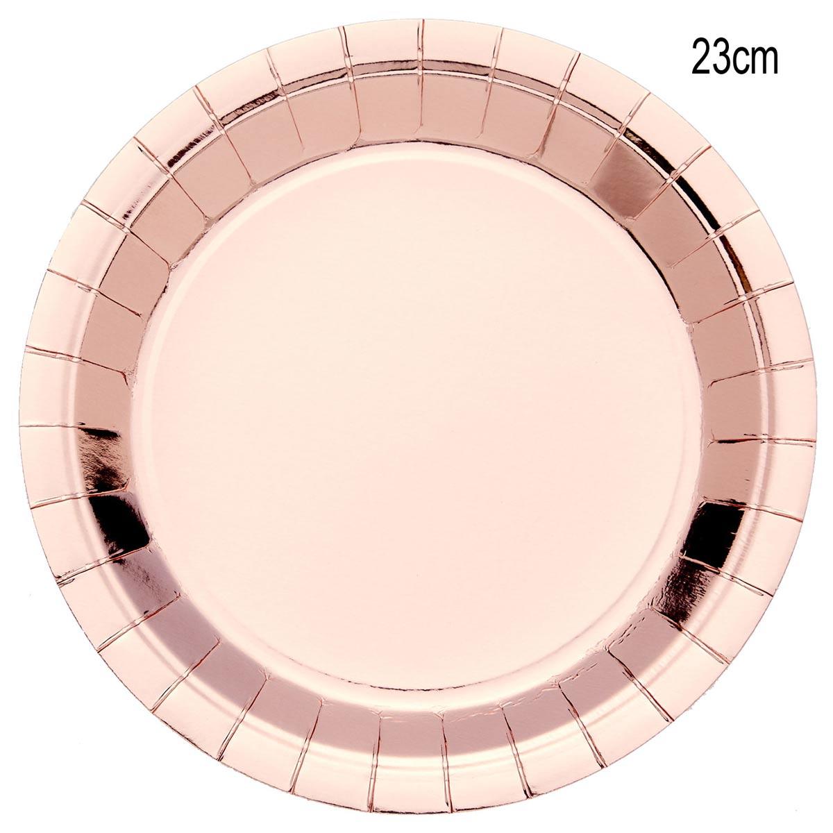 Pack 8 Metallic Rose Gold 23cm Paper Dinner Plates by Amscan 9908645 available here at Karnival Costumes online party shop