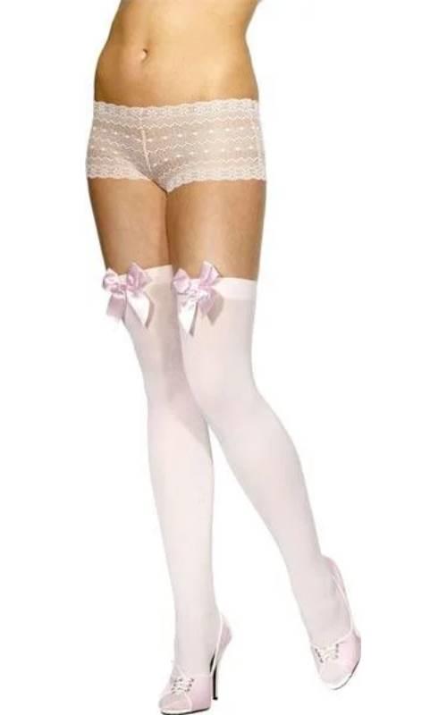 Fever Collection White Hold-up Stockings with Pink Bows by Smiffys 29092 available here at Karnival Costumes online party shop