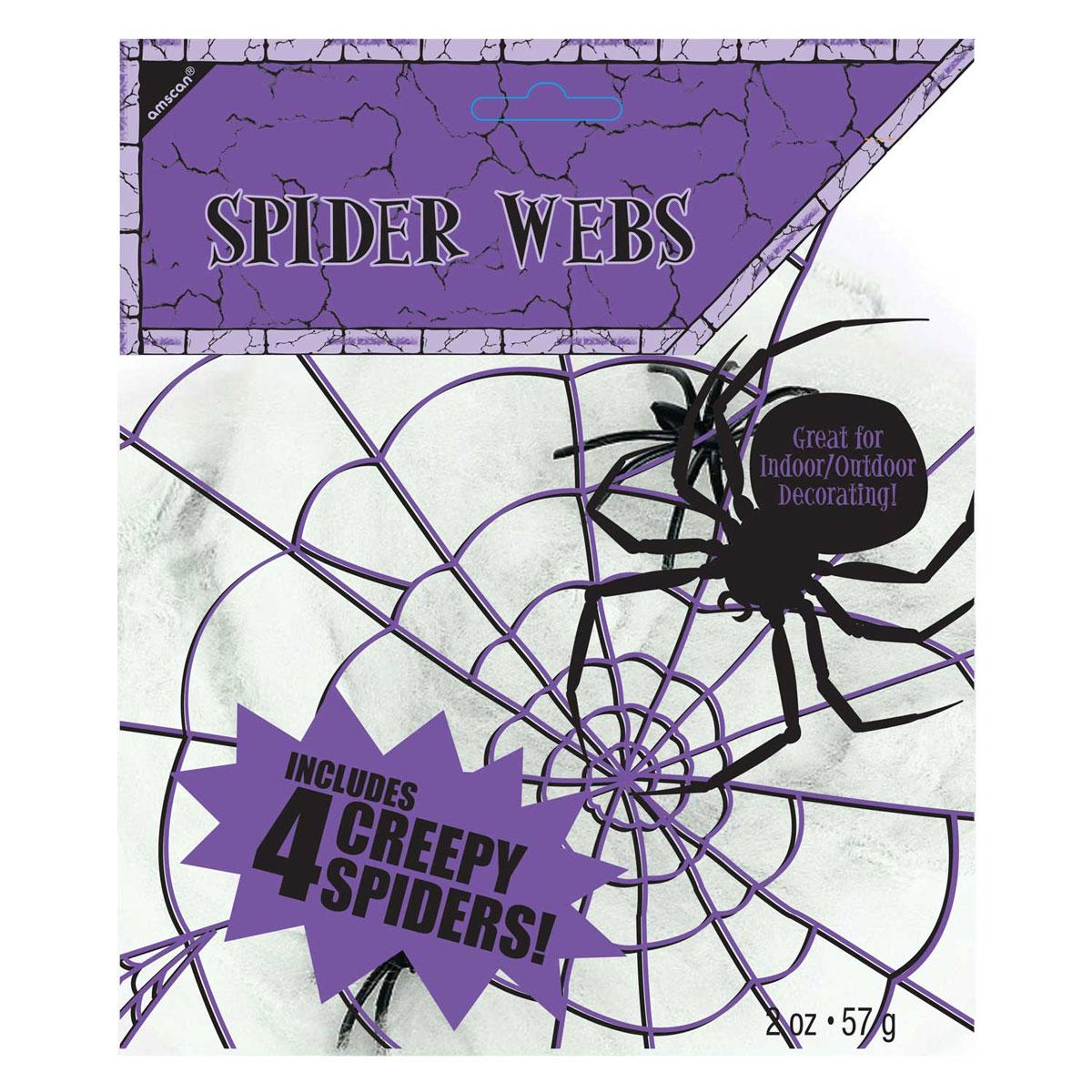 White Spider Web 57gr (2oz) with 4 Spiders by Amscan 34807 available here at Karnival Costumes online Halloween paryy shop