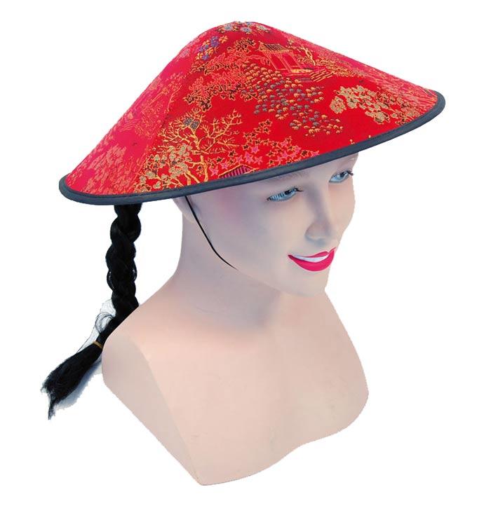 Chinese Coolie Hat in Red with pigtail by Bristol Novelties BH441 available from a selection here at Karnival Costumes online party shop