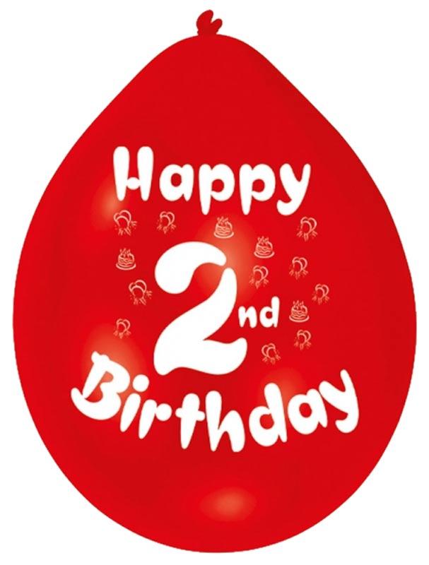 Happy 2nd Birthday Balloons - Assorted Colours printed in white. From Amscan, these are in packs of 10 balloons in a 9" size and are brought to you by Karnival Costumes www.karnival-house.co.uk