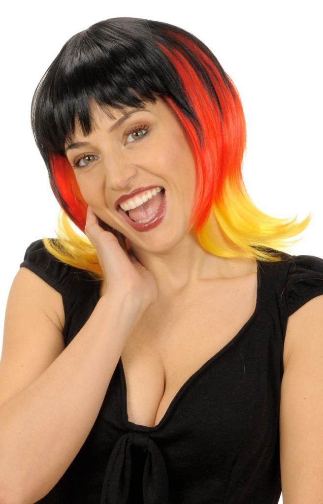Lady's Supporter Wig in Black, Red and Yellow and ideal for the FIFA World Cup