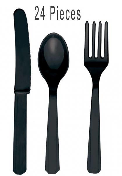 Black Cutlery Assortment 24 pieces, 8 ea knives, forks, spoons. By Amscan and available at Karnival Costumes