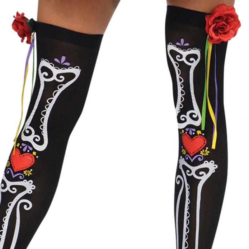 Day of the Dead Senorita Fancy Dress 844642 includes pretty thigh highs - available from Karnival Costumes