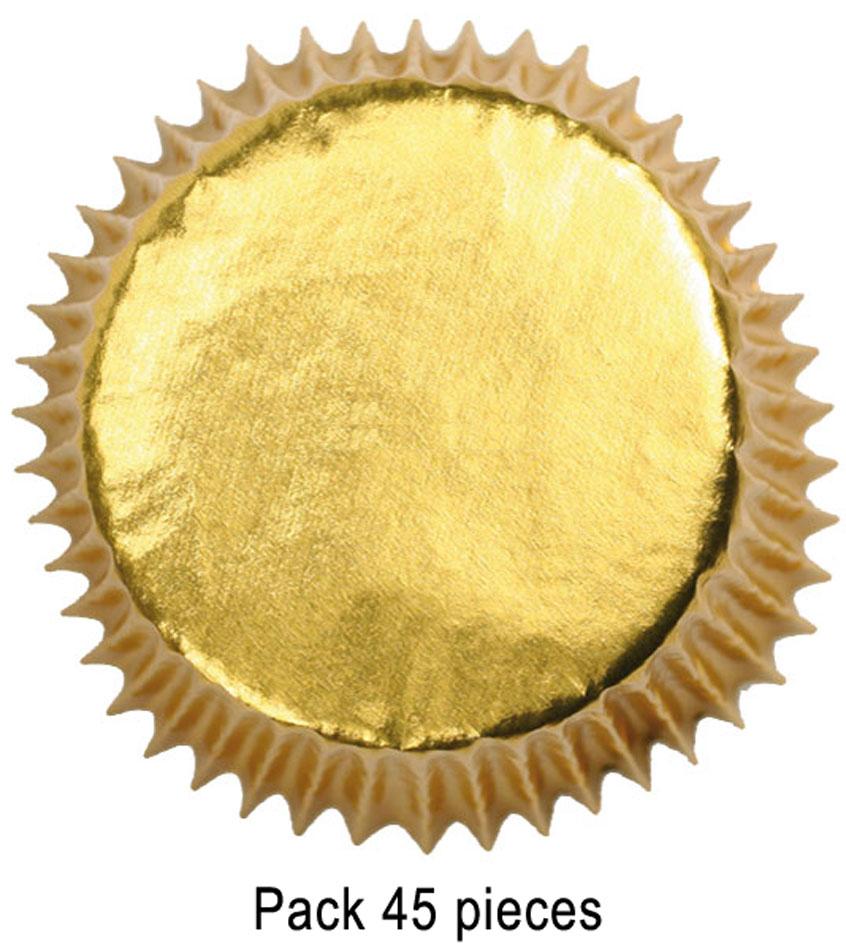 Pack of 45 heavy duty Gold Cupcake Cases 2304 ideal for Christmas and other party celebrations. From Karnival Costumes online party shop.