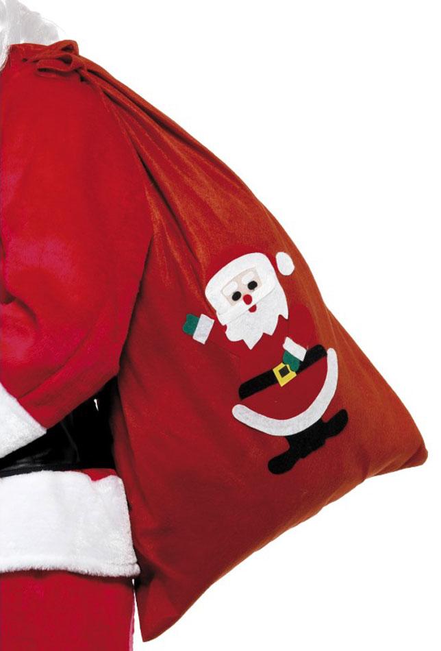 Decorated Santa Sack measuring 90cm x 60cm in bright red with white cord by Smiffys 24497 available here at Karnival Costumes online Christmas party shop