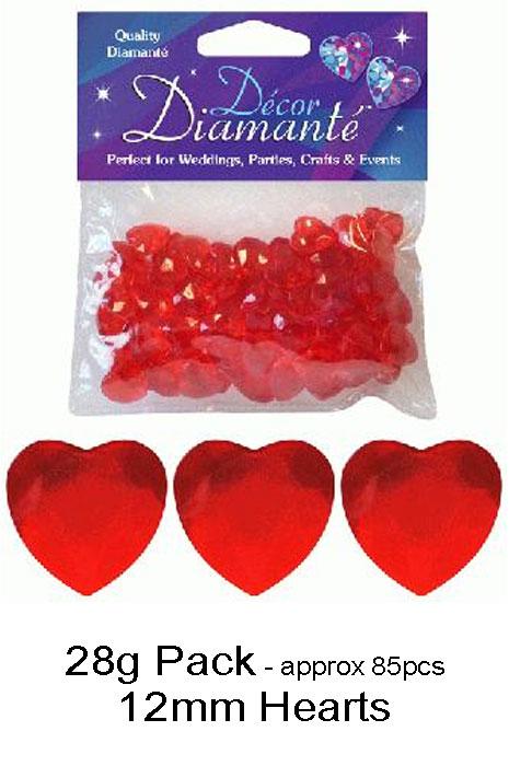 Pack of 28 grams, approximately 85 pieces of 12mm Red Heart shaped Diamntes for decorating weddings, Valentines and other spohisticated parties. By Oaktree UK 622845 and available from Karnival Costumes