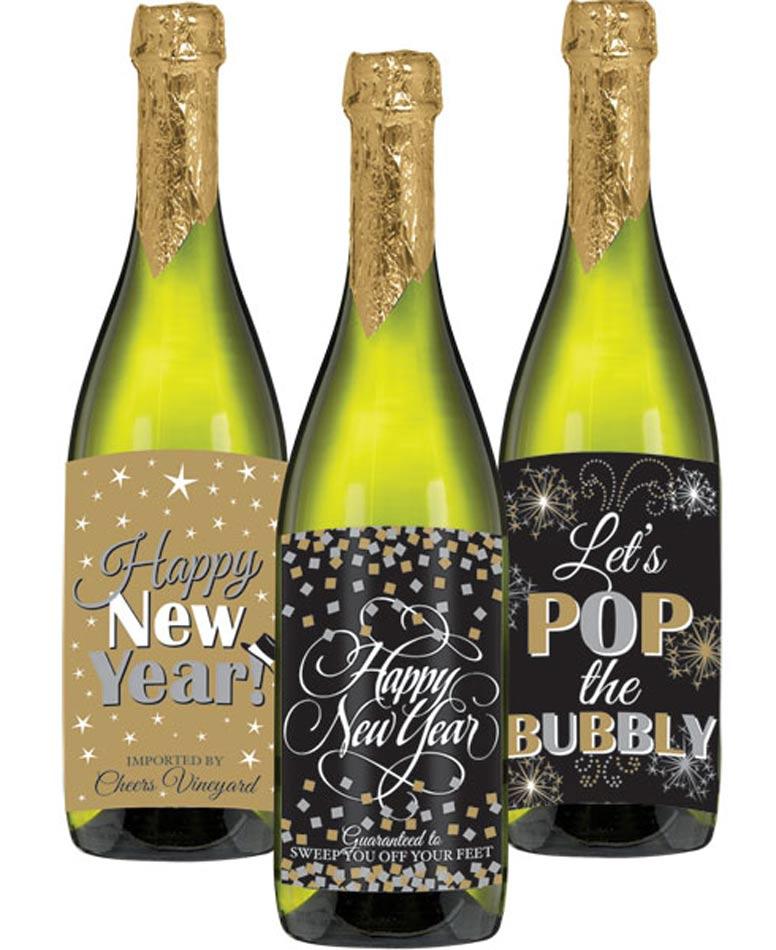Packet of 5 New Year's Eve Bottle Labels by Amscan 150075 and available from Karnival Costumes