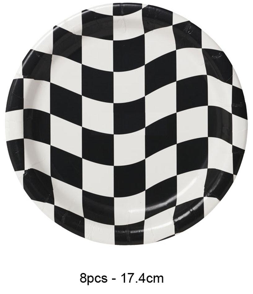 Pack of 8 black and white chequered Grand Prix Paper Plates 17cm by Creative Party 419944 available from Karnival Costumes online party shop